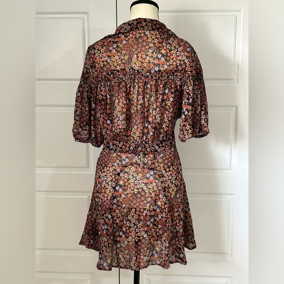 Free people Bonnie chiffon mini shirt dress Floral Button-Up Dress brown size S - Picture 4 of 10